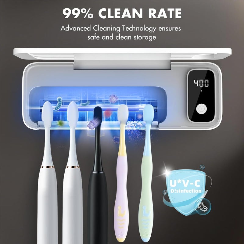 AuntyFey Sanitizeri Toothbrush Cleaner with 5 Slots, Smart Sanitizeri Toothbrush Holder Organizer, Cordless No Drilling Wall Mounted Rechargeable Holders for Bathroom Family, 200/400s Timer Function - Image 2